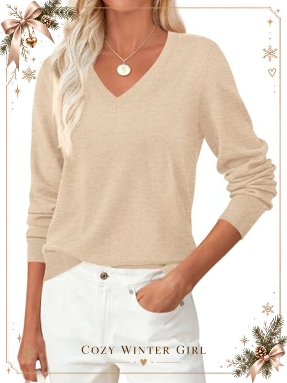 V-Neck Knit Pullover Sweater Long Sleeve Ribbed Cuffs Casual